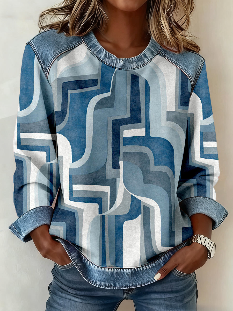 Femmes Abstrait Art Imprimer Denim Patchwork Sweatshirt