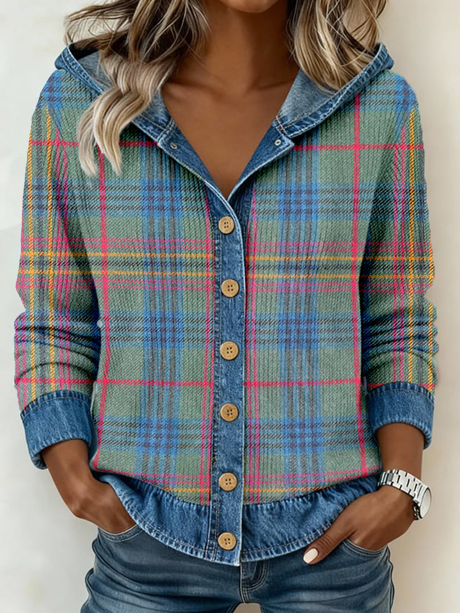 Vintage Plaid Pattern Patchwork Art Cardigan à capuche pour femmes