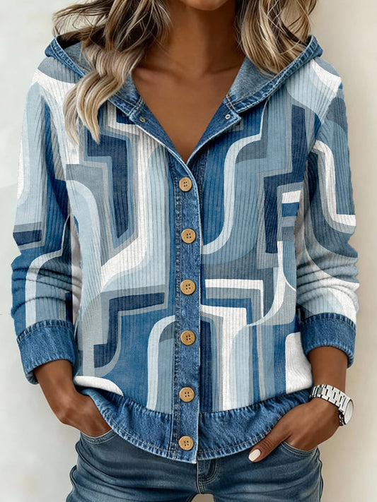Femmes Géométrie Art Abstrait Imprimer Patchwork Cardigan à capuche