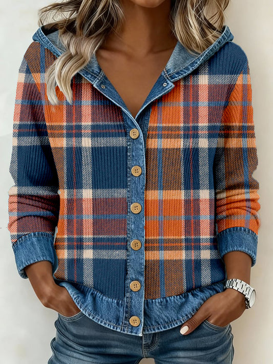 Vintage Plaid Pattern Patchwork Art Cardigan à capuche pour femmes