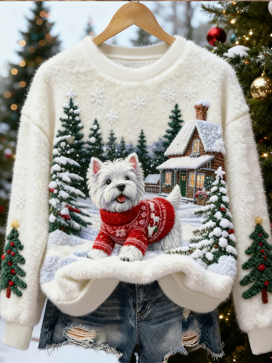 Pull en flanelle décontracté pour femmes, imprimé mignon de chien de Noël