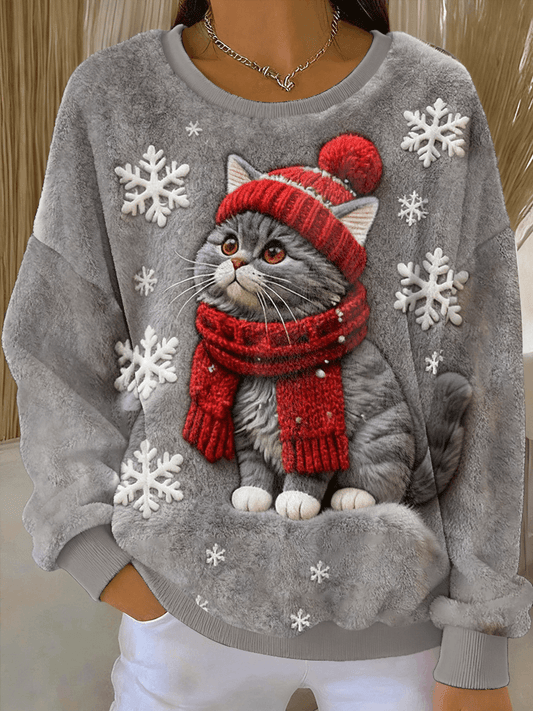 Mignon de Noël Cat Art Print Casual Flanelle Hoodie des femmes