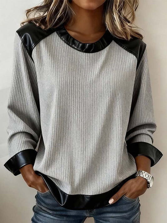 Sweat-shirt en cuir pour femme Patchwork Design Vintage