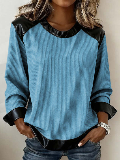 Sweat-shirt en cuir pour femme Patchwork Design Vintage