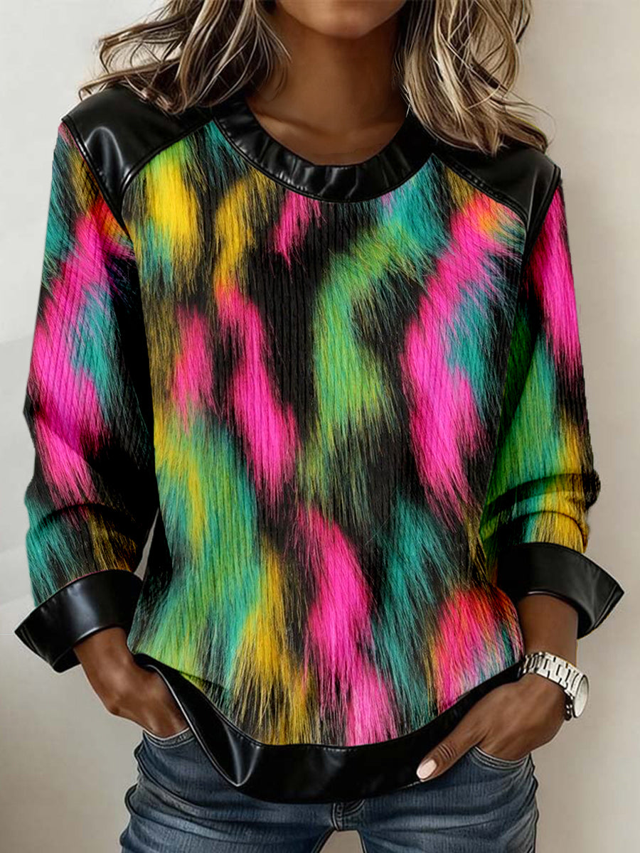 Sweat-shirt Femme Multicolore Patchwork En Cuir Imprimé Éclaboussures