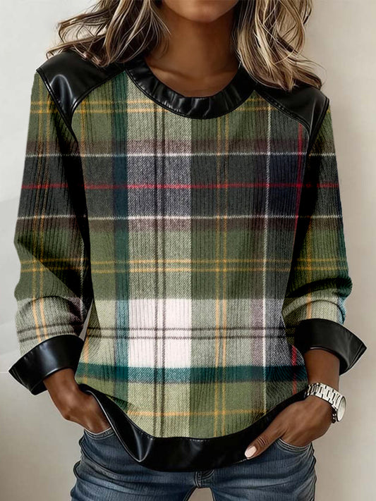 Sweat-shirt patchwork en cuir vintage motif à carreaux pour femmes