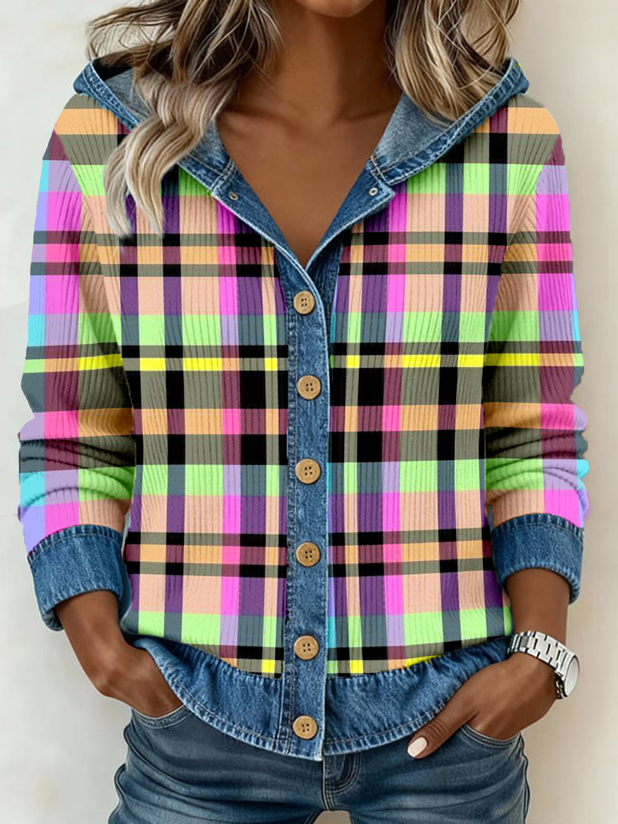 Femmes Vintage Plaid Imprimer Denim Patchwork Cardigan à capuche