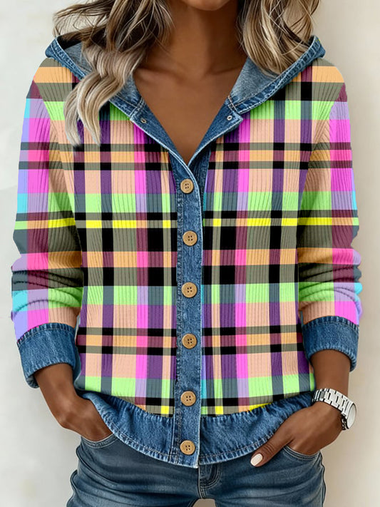 Femmes Vintage Plaid Imprimer Denim Patchwork Cardigan à capuche