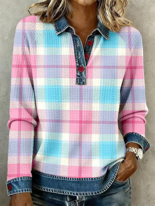 Top Femme Patchwork En Denim Imprimé Carreaux Rose Et Bleu