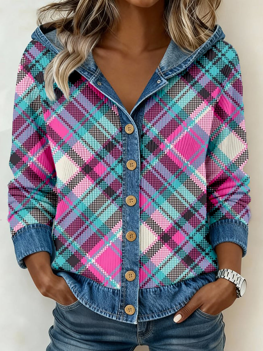 Femmes Vintage Plaid Imprimer Denim Patchwork Cardigan à capuche