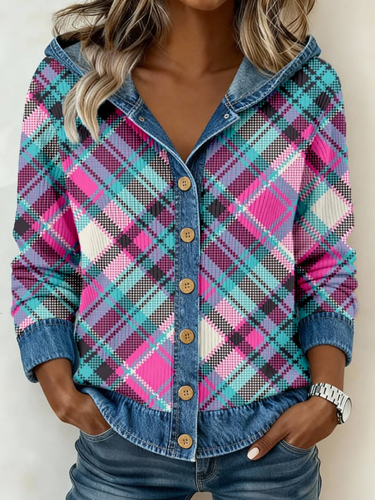 Femmes Vintage Plaid Imprimer Denim Patchwork Cardigan à capuche