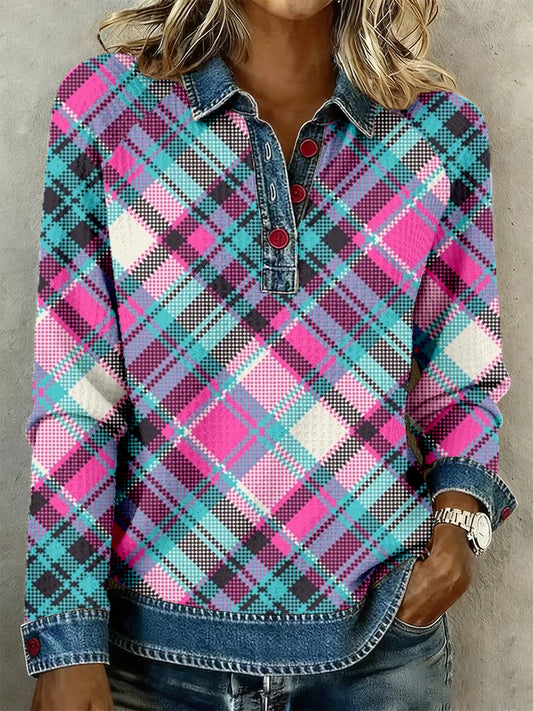 Femmes Vintage Plaid Imprimer Denim Patchwork Top