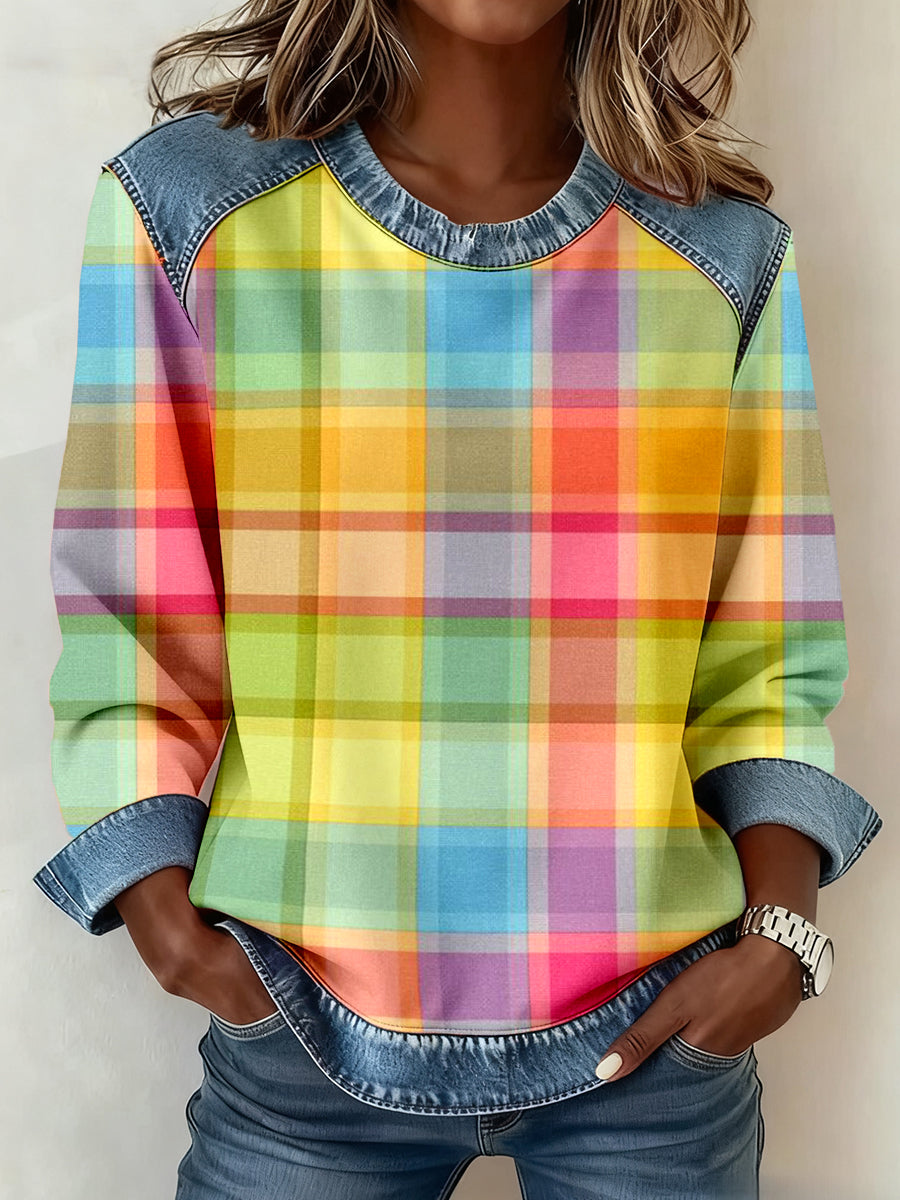 Femmes Multicolor Plaid Imprimer Denim Patchwork Sweatshirt
