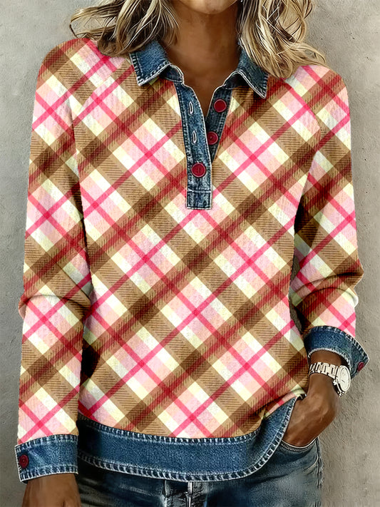 Femmes Vintage Plaid Imprimer Denim Patchwork Top