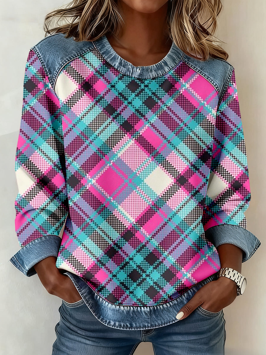 Vintage Plaid Imprimer Denim Patchwork Sweatshirt des femmes