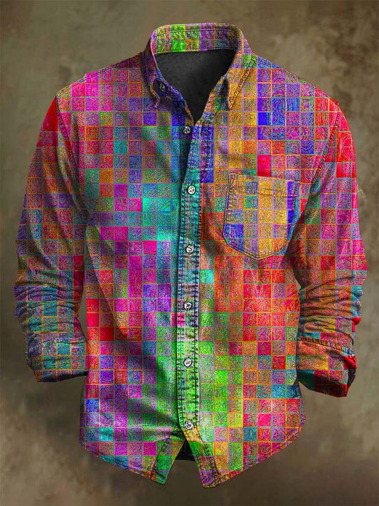 Chemise Décontractée à Manches Longues à Imprimé Grille Abstraite