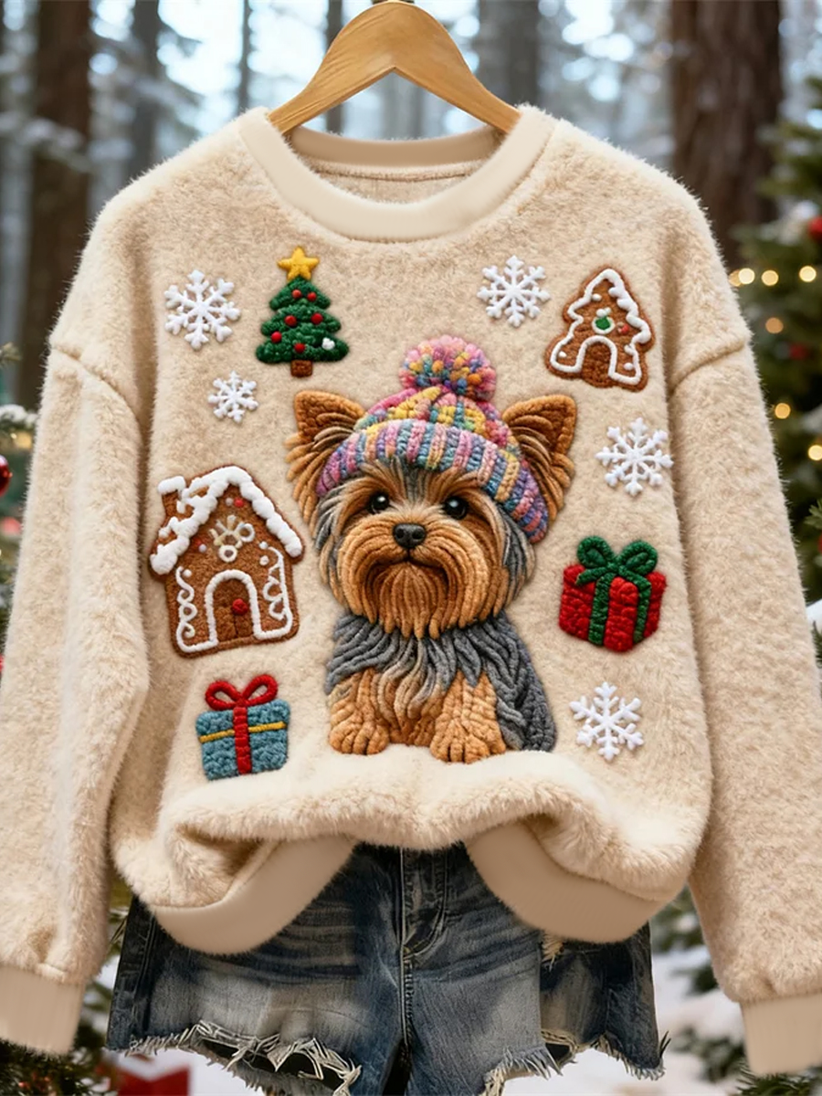 Pull en flanelle décontracté pour femmes, imprimé mignon de chien de Noël