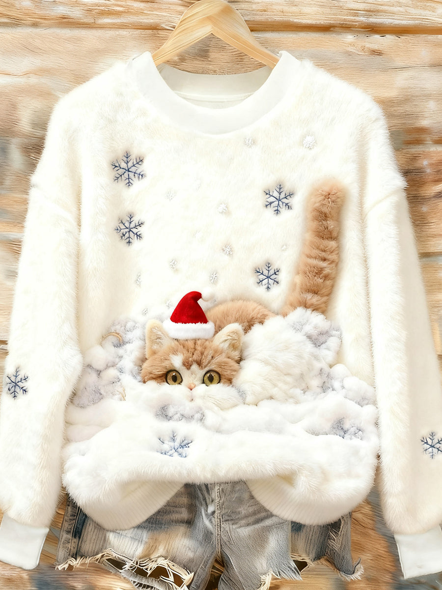 Mignon Noël Chat Art Imprimer Flanelle Casual Sweatshirt