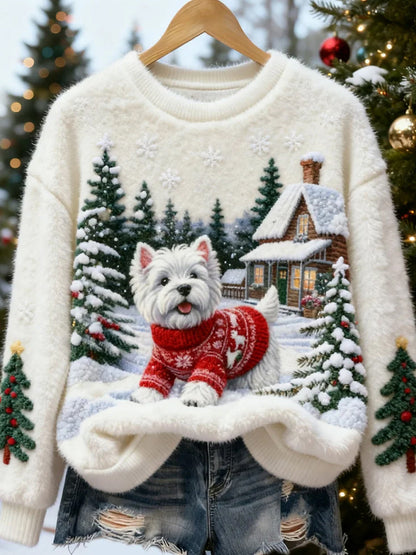 Top Décontracté en Flanelle Imprimé Art de Noël Animal Rétro Femme