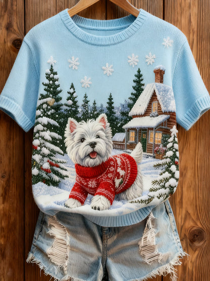 Femmes Rétro Noël Animal Art Imprimé Confortable Tricot À Manches Courtes Haut