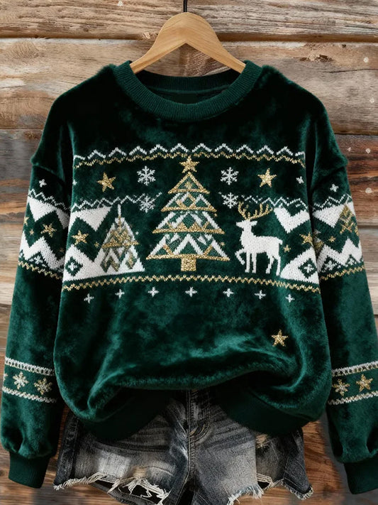 Top Décontracté en Flanelle Imprimé Art de Noël Animal Rétro Femme