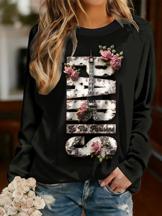 T-shirt décontracté à manches longues imprimé Paris français pour femmes