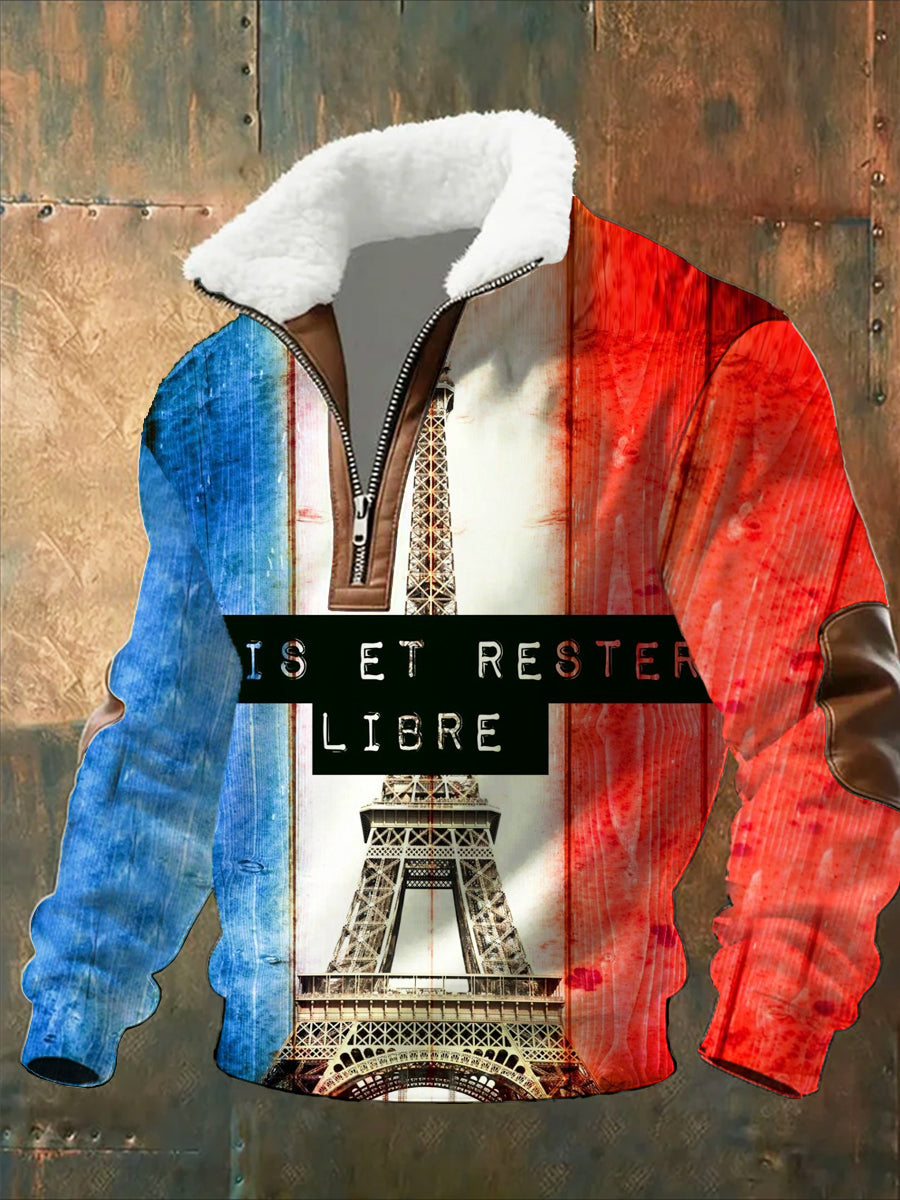 Sweat-shirt décontracté imprimé vintage pour homme avec col en polaire