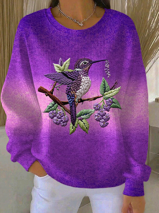 Sweat-shirt Décontracté Imprimé Floral Colibri Violet Pour Femme