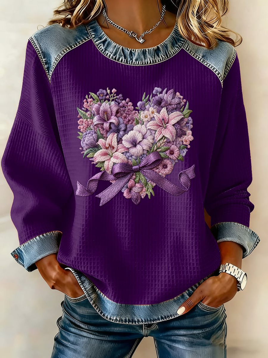 Top à gaufrage floral violet rétro décontracté pour femmes