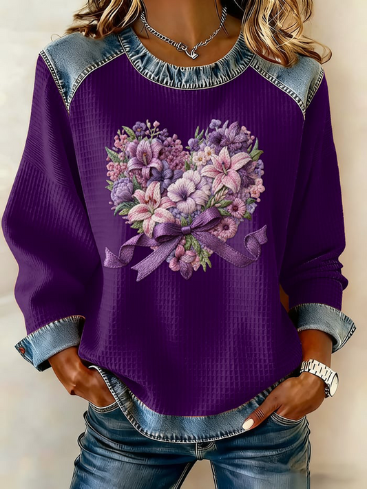 Top à gaufrage floral violet rétro décontracté pour femmes