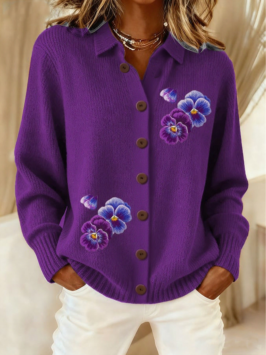 Cardigan en tricot de bouton à revers violet pour femmes