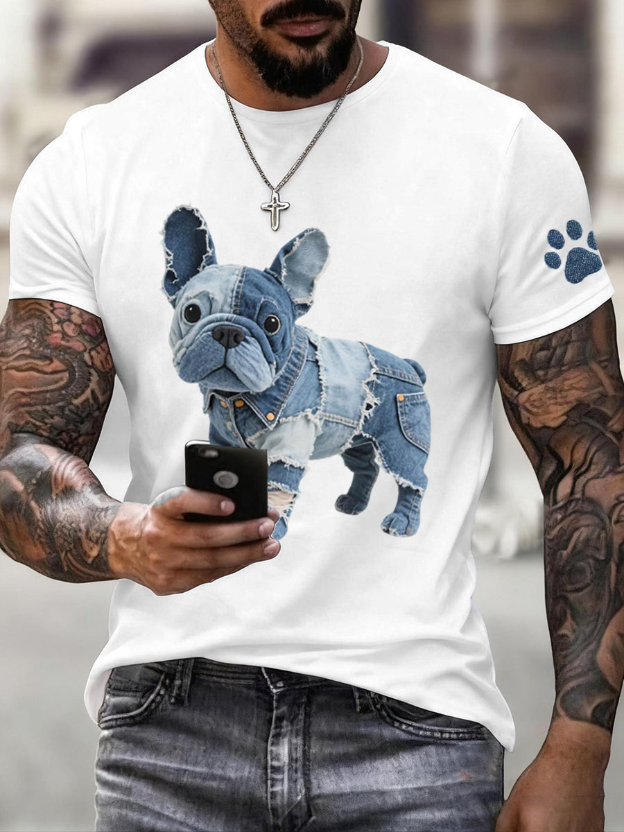 Denim Patchwork Art Français Bulldog Motif T-shirt pour hommes