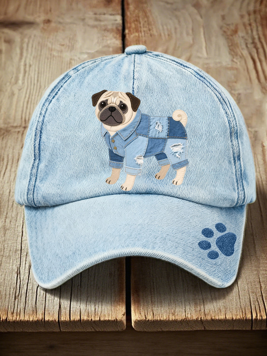 Unisexe Denim Patchwork Art Pug Motif Lavé Chapeau