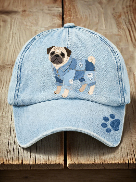 Unisexe Denim Patchwork Art Pug Motif Lavé Chapeau