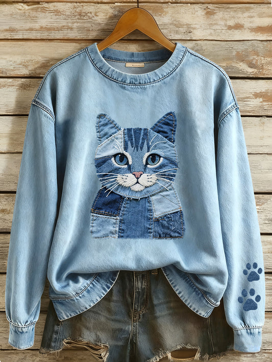 Femmes Denim Patchwork Art Cat Pattern Sweatshirt