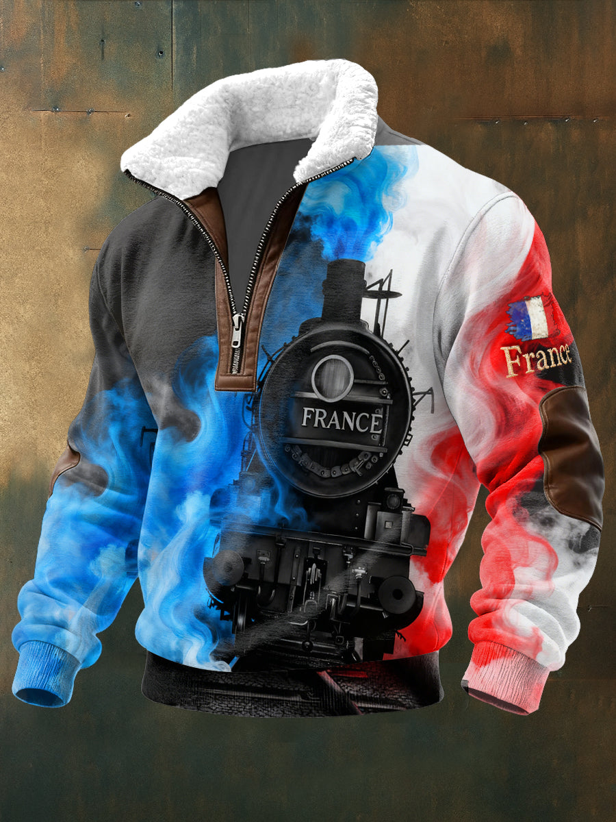 Sweat-shirt à col montant pour homme avec motif train drapeau français