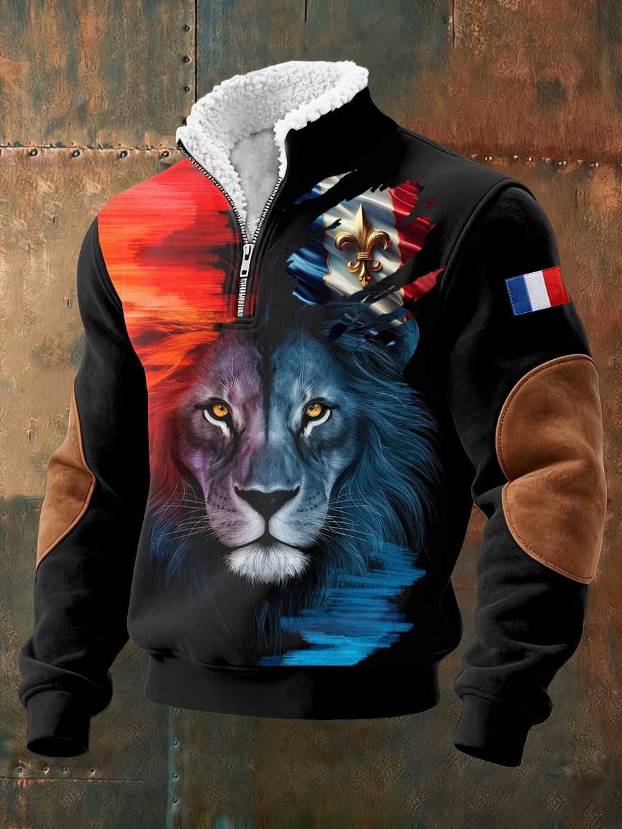 Chemise Lion Du Drapeau Français Plush à col montant pour homme