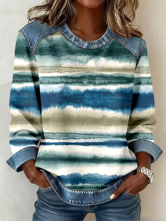 Tie-Dye Art Striped Imprimer Denim Patchwork Sweatshirt Femme