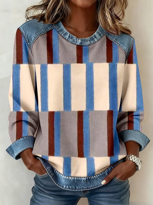 Femmes Abstrait Art Imprimer Denim Patchwork Sweatshirt