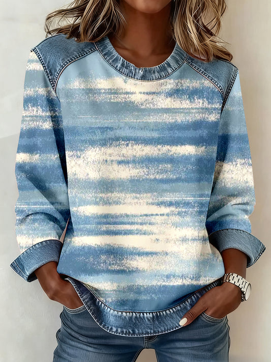 Sweatshirt Femme Bleu Tie-Dye Art Denim Patchwork