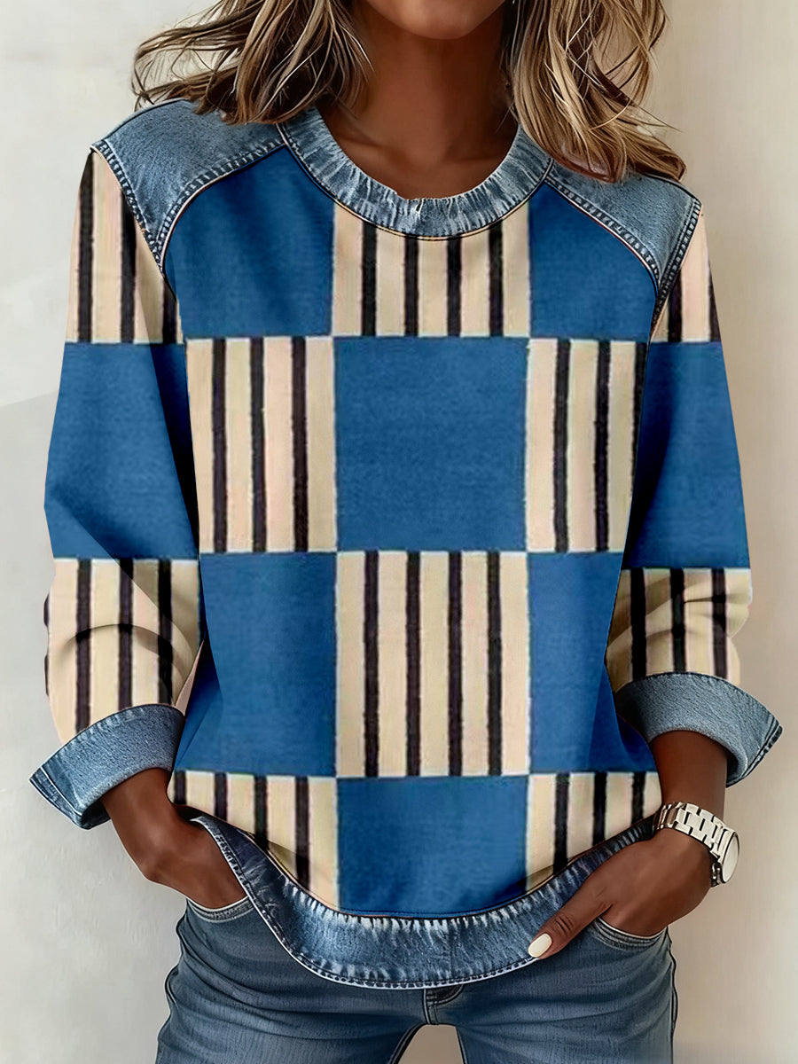 Femmes Abstrait Art Imprimer Denim Patchwork Sweatshirt