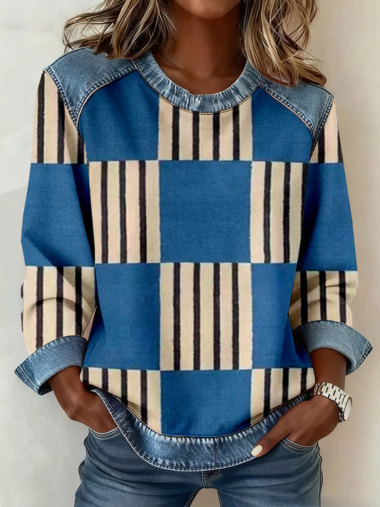 Femmes Abstrait Art Imprimer Denim Patchwork Sweatshirt