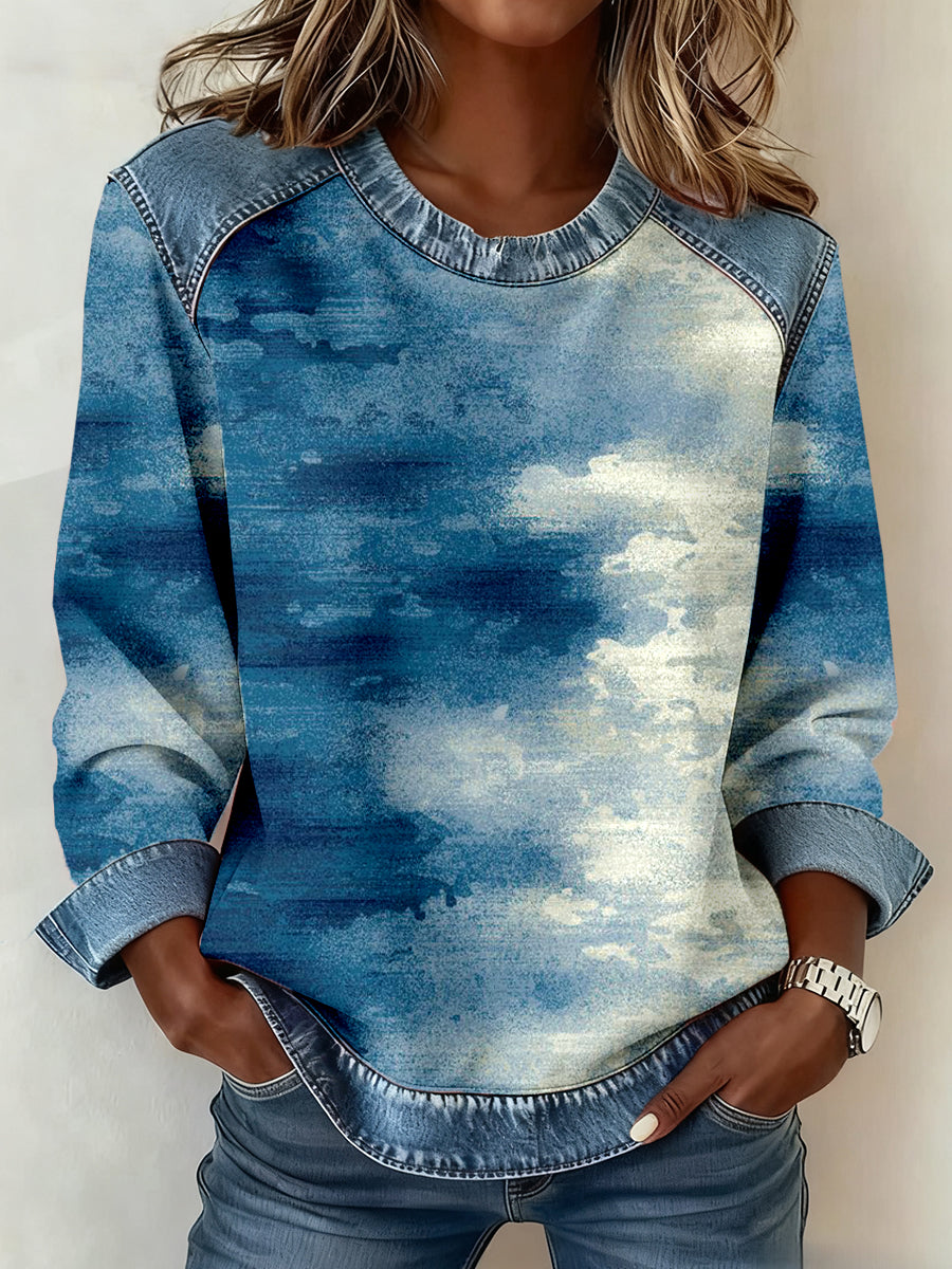 Bleu Tie-Dye Art Imprimer Denim Patchwork Sweatshirt Femme
