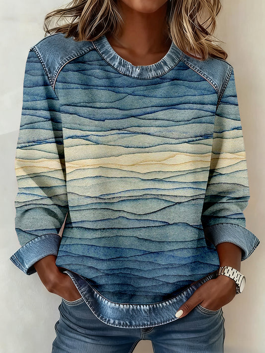 Femmes Abstrait Art Imprimer Denim Patchwork Sweatshirt