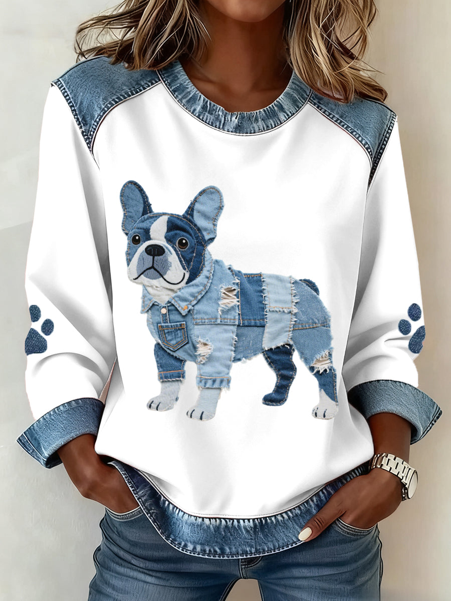 Femmes Français Bulldog Motif Denim Patchwork Art Sweatshirt