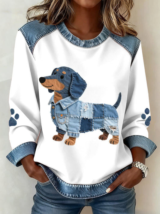 Motif Teckel Denim Patchwork Art Sweatshirt Femme