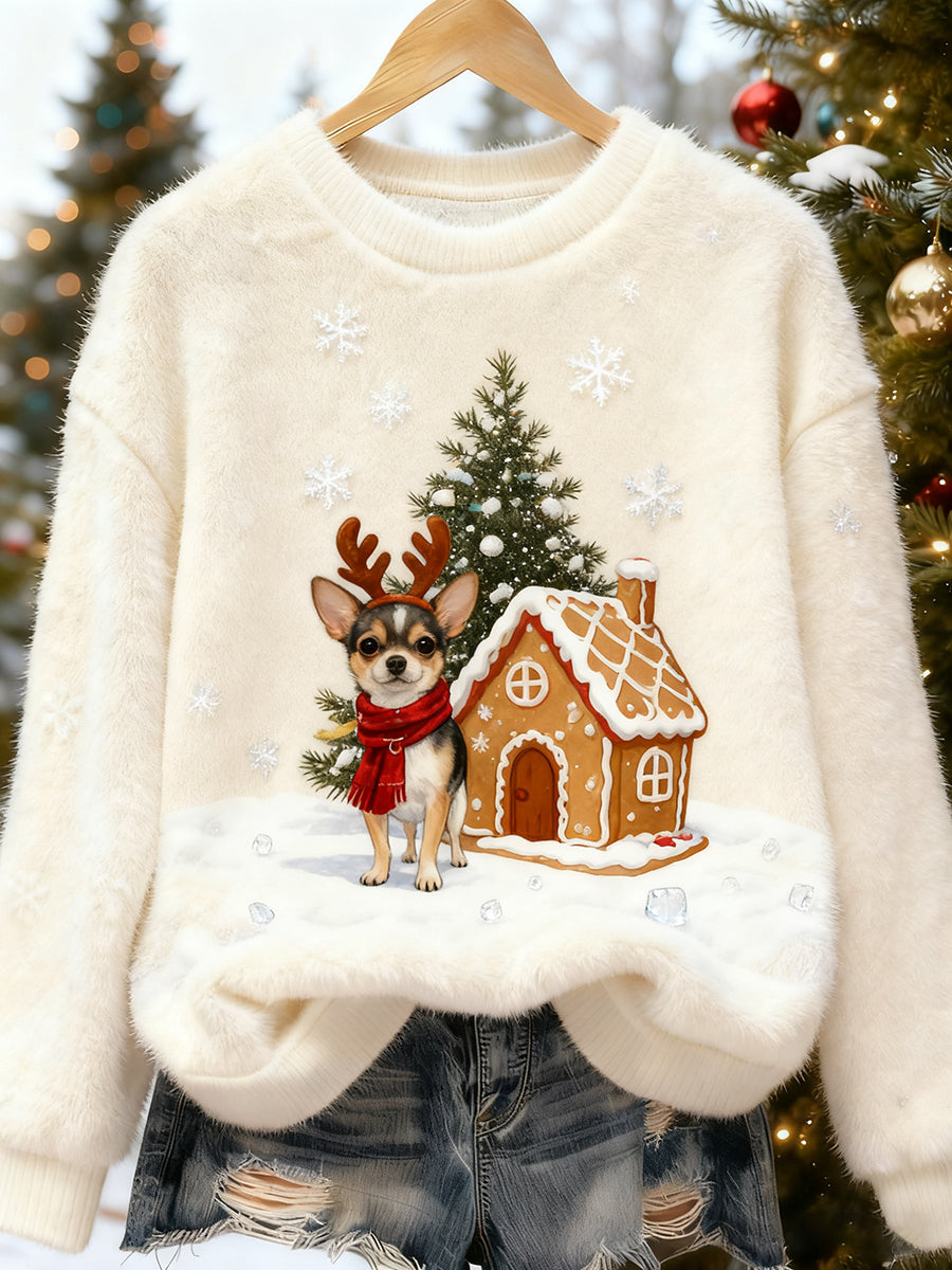 Top Décontracté en Flanelle Imprimé Art de Noël Animal Rétro Femme