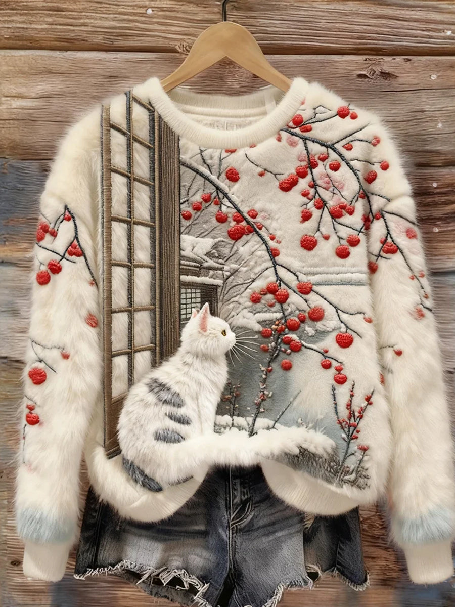 Top Décontracté en Flanelle Imprimé Art de Noël Animal Rétro Femme