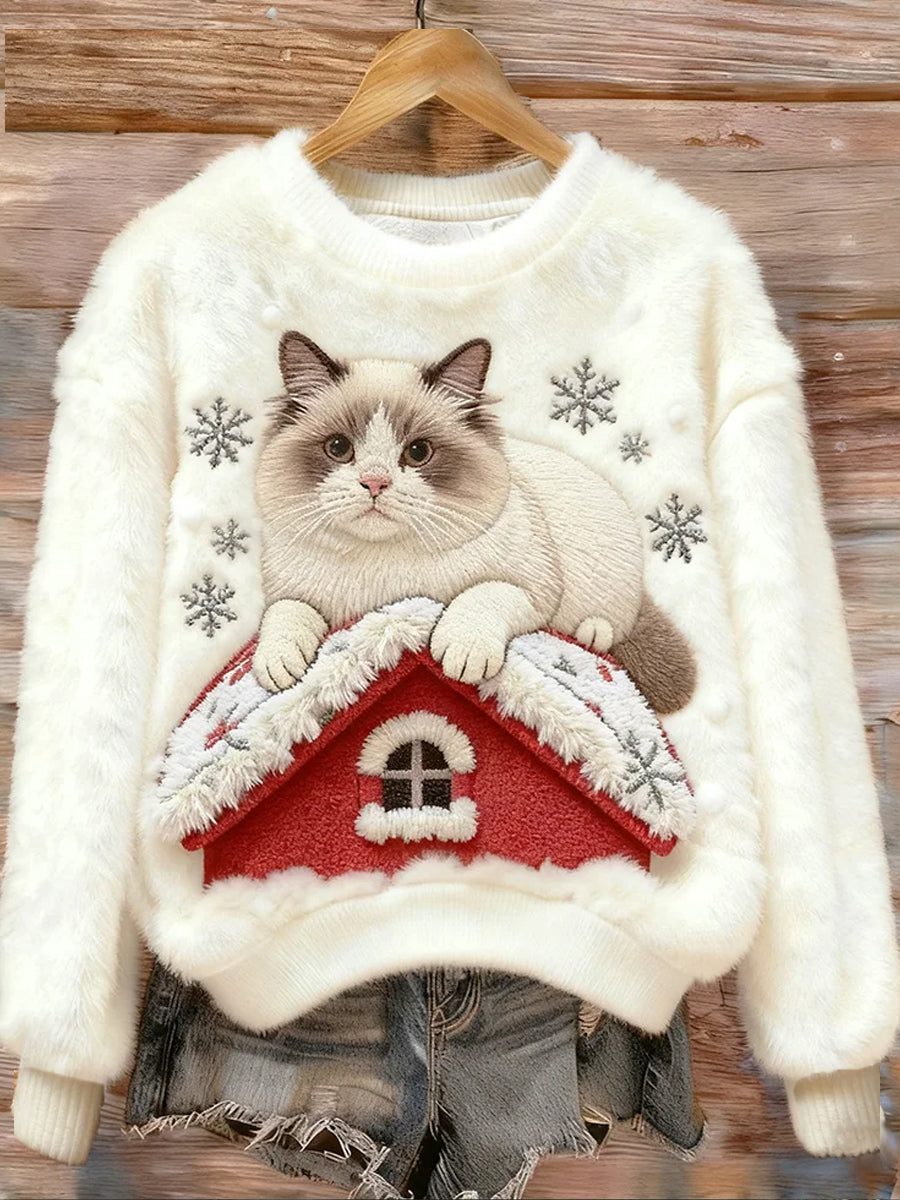 Top Décontracté en Flanelle Imprimé Art de Noël Animal Rétro Femme