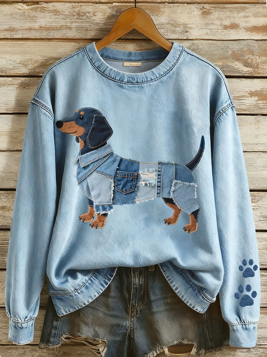 Femmes Denim Patchwork Art Teckel Motif Sweatshirt